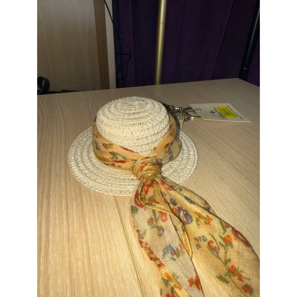 Patricia Nash Straw Hat Bag Charm Keychain Floral Scarf Antique Brass NWT